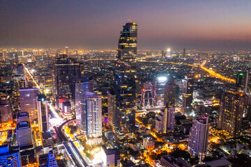 Fototapeta na wymiar Aerial view of King Power Mahanakhon tower in Sathorn Silom central business district of Bangkok, Thailand