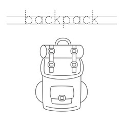 Trace the letters and color backpack. Handwriting practice for kids.