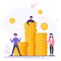 Increasing income and investment. Successful business that grows and generates huge financial profit. Business strategy and analytics. Pile of money. Gold dollar coins. Vector illustration.