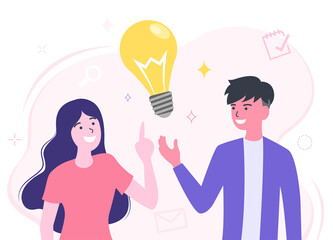 Working together brings new ideas, brainstorming, creative idea. Light bulb as a symbol of new idea. business concept illustration.