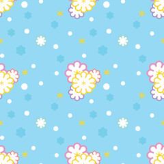 Relaxing and sweet seamless pattern. A sweet bouquet surrounded by flowers and tiny white circle dots on a light blue background.