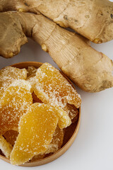 spicy dried ginger on a white acrylic background