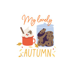 Vector illustration tasty spicy latte in red cup and jar of chocolate chip cookies and with autumn leaves around. Fall lettering.