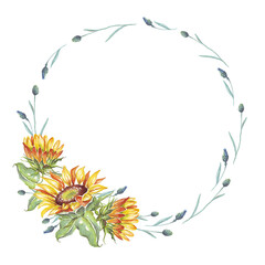 Wreath. Watercolor sunflowers