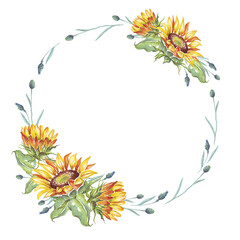 Wreath. Watercolor sunflowers
