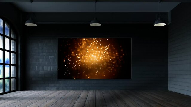Business studio with abstract animation and gold dots,  Mockup.
