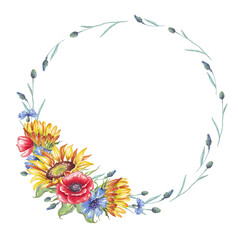 Wreath. Watercolor sunflowers, cornflowers and poppies