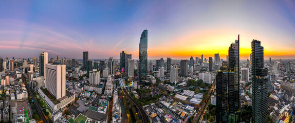 Aerial view of King Power Mahanakhon tower in Sathorn Silom central business district of Bangkok, Thailand