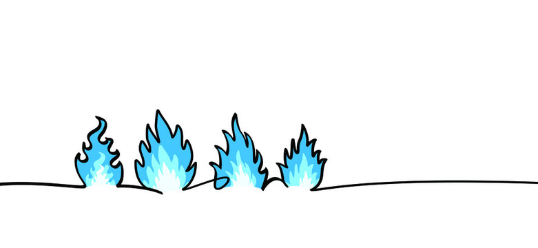 cyaan, blue gas fire or flame pictogram. Fire drawning line pattern. Cartoon vector flames icon or symbol. Burn, ablaze logo. 