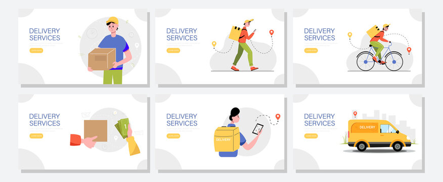 Delivery service web banners set. The concept of fast and free delivery. Vector illustration in flat style.