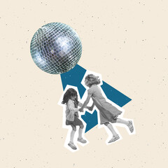 Contemporary art collage. Happy, cheerful girls, children having fun, playing, dancing under disco ball isolated over beige background