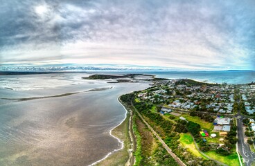 Aerial view near Queenscliff looking towards Swan Island. Victoria, Australia. May 2022
