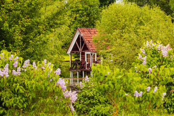 View on red holiday cabin by a pond