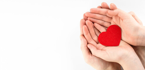 Father and daughter hands holding red heart isolated on white background, heart health insurance,...