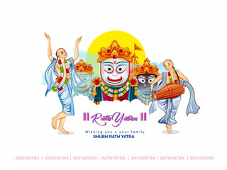 illustration of Lord Jagannath, Balabhadra and Subhadra on annual Rathayatra
 temple on chariot with wheel,rath yatra
