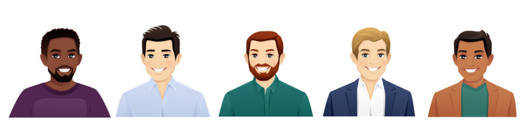 Portrait of multiethnic young diversity people. Asian, african, indian and caucasian men different hairstyles and outfits isolated vector illustration