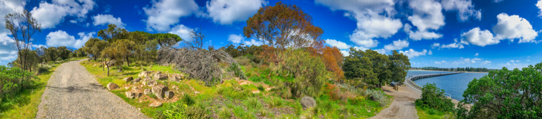 Fototapeta na wymiar Granite Island, Australia. Beautiful vegetation along the ocean, panoramic view