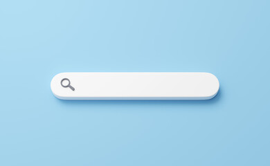 3D Browser search. Empty web tab for text, magnifying glass isolated on blue background. Search bar, find, discovery, research concept. Cartoon icon minimal style. UI element. 3d render illustration.