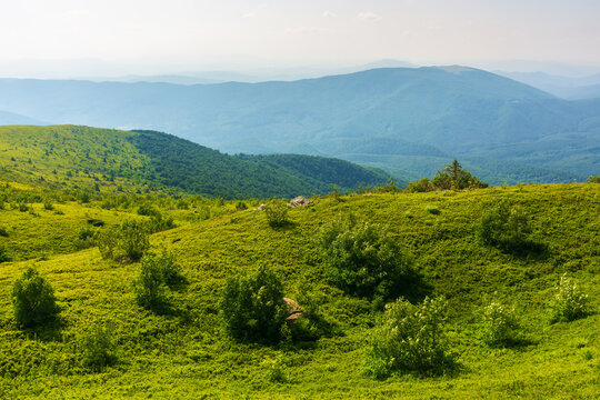grassy meadow on a sunny afternoon. beautiful carpathian landscape in summer. view. in to the distant rural valley. hills and slopes of runa mountain, ukraine