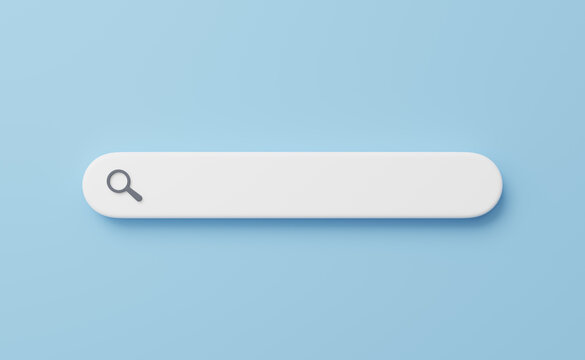 3D search bar. Empty web tab for text, magnifying glass isolated on blue background. Browser search, find, discovery, research concept. Cartoon icon minimal style. UI element. 3d render illustration.