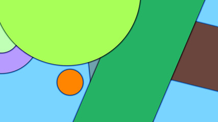 Abstract geometric colorful vector background in Material design style with concentric circles and rotated rectangles with shadows, imitating cut paper.