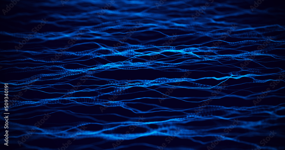 Poster Dotted waves connected by lines. Molecular background with DNA. Network concept with connecting dots and lines. A modern technological element. 3d rendering.
