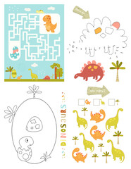 Dinosaurs Activity Pages for Kids. Printable Activity Sheet with Dino Mini Games – Maze Game, Dot to Dot, Coloring Letter O, How Many Dinosaurs. Vector illustration.
