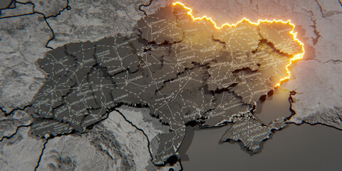 Military conflict between Ukraine and Russia. Concept map of war. cartography design. 3d render