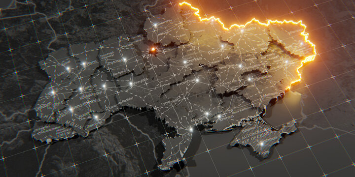 Military conflict between Ukraine and Russia. Concept map of war. cartography design. 3d render