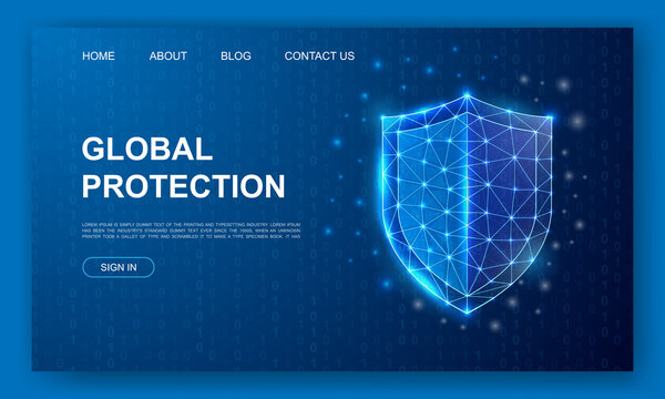 Shield 3d polygonal website template. Antivirus design illustration concept. Low poly Cyber security symbol for homepage, promotion banner design.