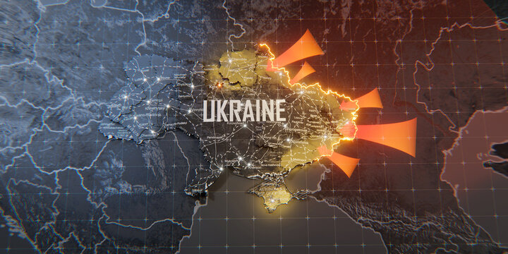 Military conflict between Ukraine and Russia. Concept map of war. cartography design. 3d render