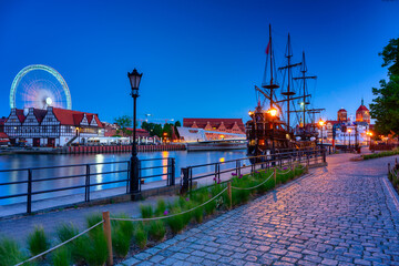 Beautiful Gdansk city by the Motlawa River at dusk. Poland - obrazy, fototapety, plakaty