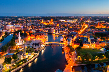 Fototapeta na wymiar Aerial view of the beautiful Gdansk city at dusk, Poland