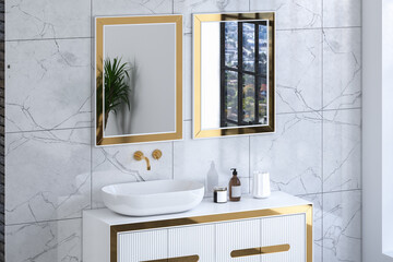 Close up of luxury sink with square mirrors are hanging in on white marble wall, modern cabinet with gold faucets in minimalist bathroom. 3d rendering
