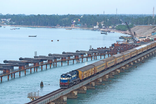 View of Railway crossing at the Pamban Bridge connect India's mainland and Pamban Island, Rameswaram, Tamilnadu, India.