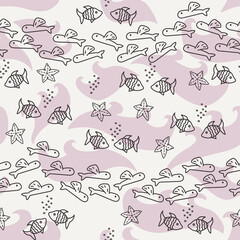 Naklejka premium Seamless pattern with shoals of fish. Print for textile, wallpaper, covers, surface. For fashion fabric. Retro stylization.
