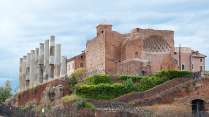 Fototapeta na wymiar Ancient architecture of Temple of Venus and Roma on Velian Hill tourist attraction in Rome, Italy