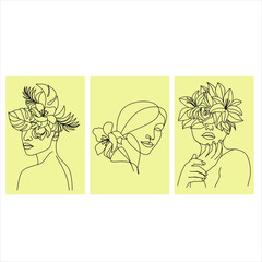 Line Art Woman Face with Flowers Continuous One Line Drawing. Female Art Print Line Drawing. Woman Face Modern Print. Minimalist Female Contour Art Design. Salon Logo. Natural Cosmetics symbol
