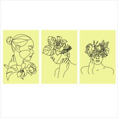 Line Art Woman Face with Flowers Continuous One Line Drawing. Female Art Print Line Drawing. Woman Face Modern Print. Minimalist Female Contour Art Design. Salon Logo. Natural Cosmetics symbol
