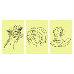 Line Art Woman Face with Flowers Continuous One Line Drawing. Female Art Print Line Drawing. Woman Face Modern Print. Minimalist Female Contour Art Design. Salon Logo. Natural Cosmetics symbol
