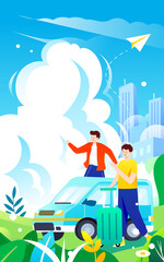 People travel in cars after vacation with various plants and buildings in the background, vector illustration
