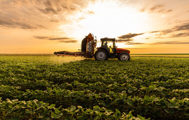 Tractor spraying soybean crops field