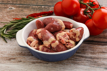 Raw chicken hearts for cooking