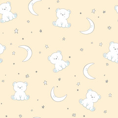 seamless pattern for baby fabric, cute polar bears, moon and stars in gray on a white pink, grey, white background	