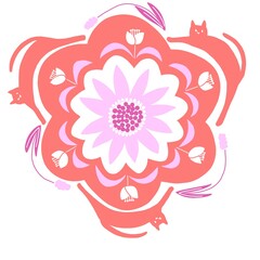 ピンク色の猫と花のモチーフ模様