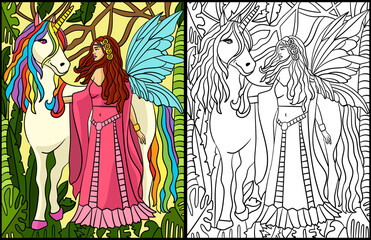 Walking Fairy And Unicorn Coloring Page Colored