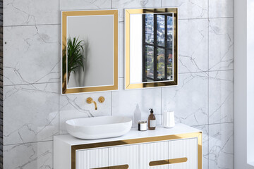 Close up of luxury sink with square mirrors are hanging in on white marble wall, modern cabinet with gold faucets in minimalist bathroom. 3d rendering
