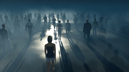 People go to the night. Blue fog. The crowd is moving into the distance. Throng goes in one direction.
Mysterious world. Way to paradise. 3D rendering - obrazy, fototapety, plakaty