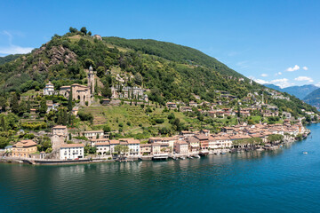 Fototapeta na wymiar Aerial shooting with drone of the beautiful and picturesque Ticino town of Morcote.