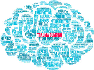 Trauma Dumping Word Cloud on a white background. 